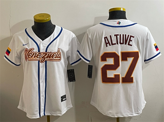 Women's Venezuela Baseball #1 Jackson Chourio White 2026 World Baseball Classic Home Stadium Stitched Baseball Jersey(Run Small)